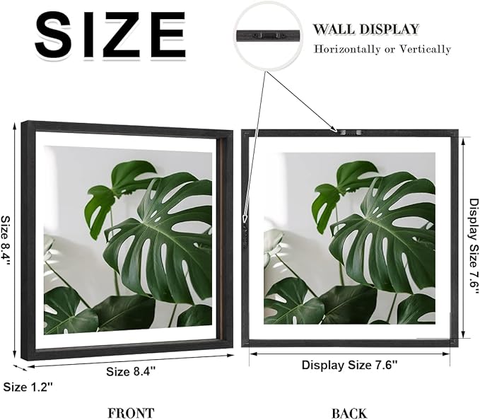 Egofine 8x8 Floating Frames Set of 2, Double Plexiglass Picture Frame, Made of Solid Wood Display Any Size Photo up to 8x8, Wall Mount or Tabletop Standing, Faded Black