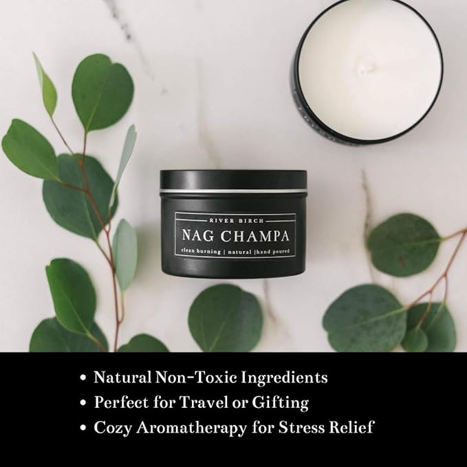 River Birch Candles Nag Champa Scented Candle | Premium, All-Natural, Non-Toxic, Soy Candles | 8 oz. Black Matte Tin Travel Candle | Cozy Relaxing Gifts for Home