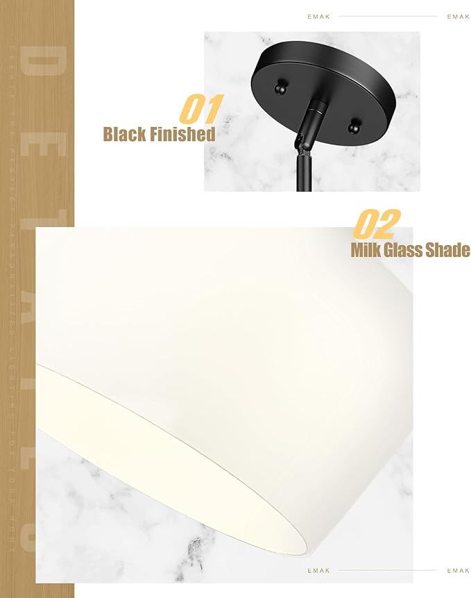 Emak Modern 10 Inch Milk Glass Pendant Lights Kitchen Island, Farmhouse Black Pendant Light Fixtures Large Hanging Lights for Kitchen, Dining Room, PL126-BK-ML