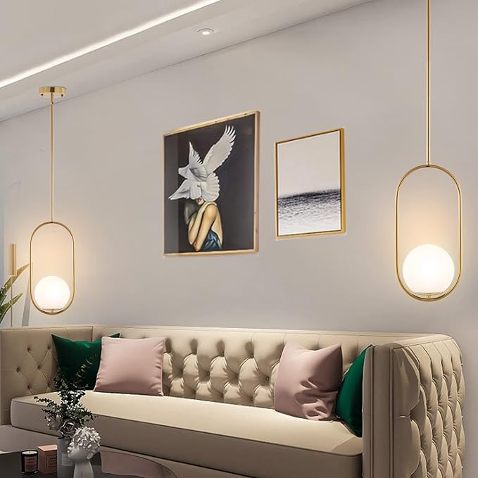 Modern Gold Globe Pendant Light Mid Century Chandelier 1-Light Brushed Brass Ceiling Hanging Lighting Fixture with White Globe Glass Shade for Kitchen Island Dining Room Bedroom