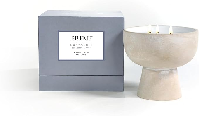 Blueme Nostalgia Candle | Bergamot & Musk | 3 Wick - Refillable Wellness Candle with Essential Oils, Hand Finished & Poured Soy Wax Blend Ceramic Vessel, Natural Cotton Wicks | Medium 12 oz