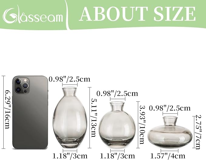 Glass Bud Vase for Centerpieces, 12Pcs/4Sets Glasseam Modern Gray Mini Small Vases for Flowers Bulk Flower Vase Set Aesthetic Cute Handmade Tiny Short Wedding Table Centerpiece Decor