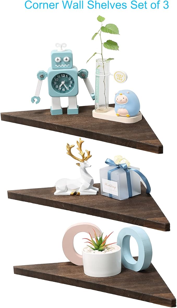 Joiishom Corner Wall Shelf Set of 3, Floating Corner Shelves, Rustic Wood Wall Storage Display Shelves for Living Room, Bedroom, Bathroom, Kitchen (Dark Brown)