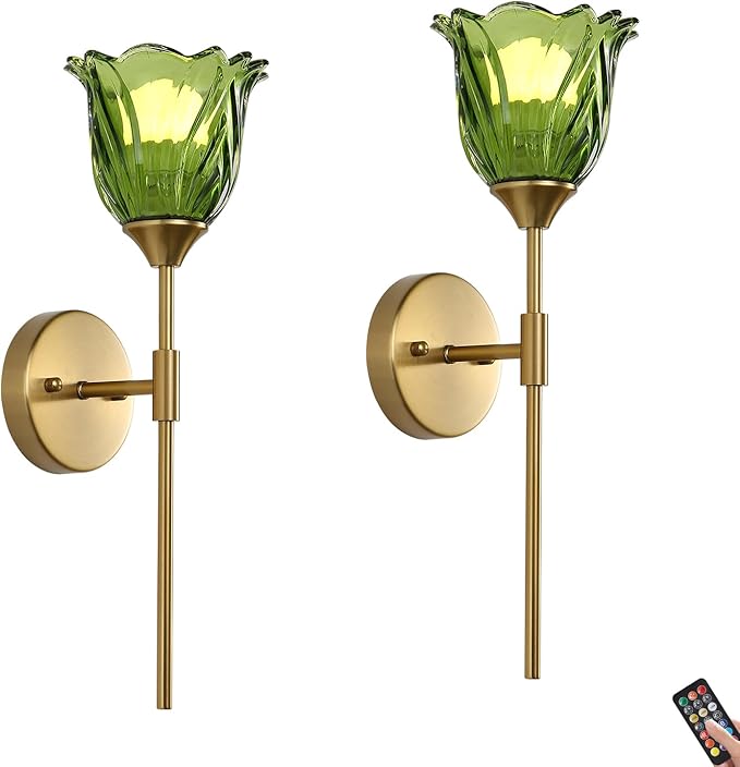 2 Pack Battery Operated Wall Sconce with Green Glass Lampshade, Mid Century Bathroom Vanity, Wireless Rechargeable RGB Wall Light with Remote Control, for Bedroom Mirror Living Room