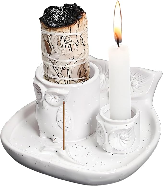 Comeon Palo Santo Holder, 4 in 1 Ceramic Owl Backflow Incense Burner Holder Candle Holder Sage Holder for Burning Bowl, Incense Holder for Sticks for Meditation Yoga Room(White)