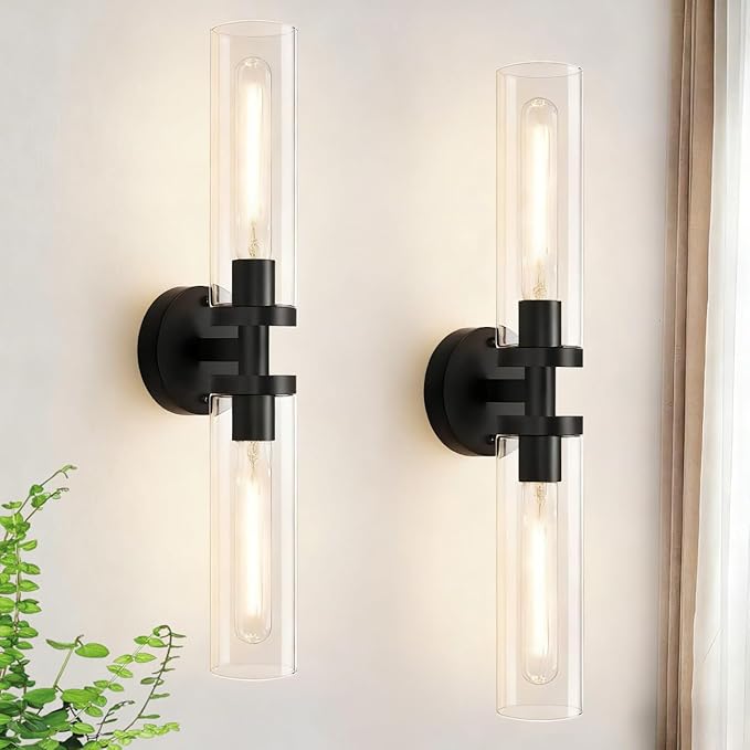 AT-VALY Wall Sconces Set of Two,Vanity Light Fixtures with Clear Glass,Modern Sconces Wall Decor for Bathroom, Living Room Mirror (Matte Black)