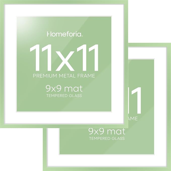 Homeforia 11x11 Sage Green Picture Frame, High End Metal 11 by 11 Square Frames with Mat 9 x 9 Photo, 11by11 Poster Frame Matted to 9x9 inch Art, Wall Hanging Frame, Tempered Glass, Wall Kit, Set of 2
