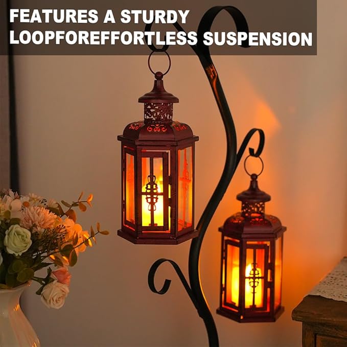 JHY DESIGN Set of 2 Decorative Candle Lanterns 10“H Vintage Hanging Lanterns Metal Candleholders for Indoor Outdoor Events Parities Gothic and Halloween (Red with Black Brush)