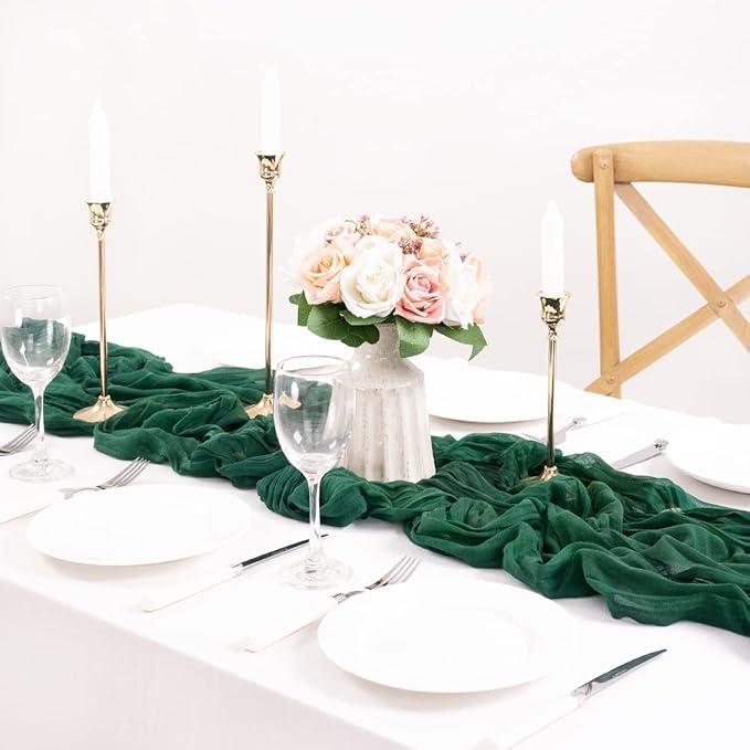 MLMC Emerald Green Table Runner Boho Dark Green Cheesecloth Table Runner 10ft Sheer Gauze Cheese Cloth Decorations for St. Patrick's Day Wedding Bridal Shower Home Party Decor