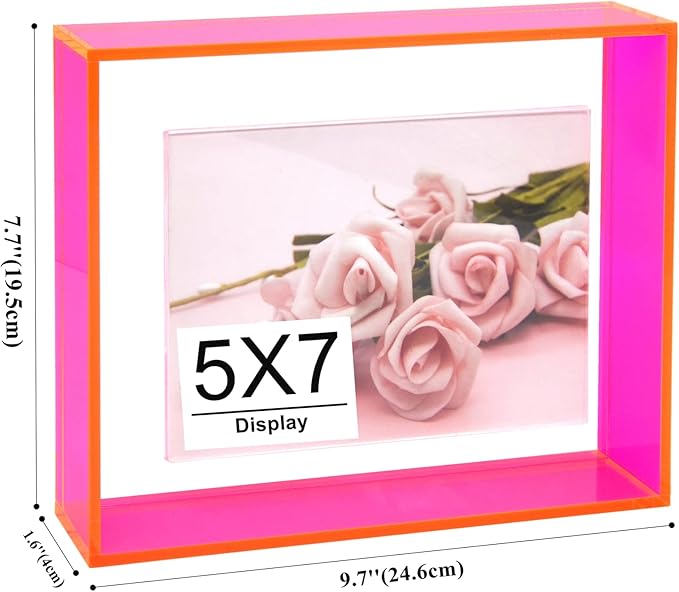 5x7 Acrylic Picture Frame Neon Floating Photo Frame for Wall Mount and Tabletop Decorative in Gallery Home Office, Neon Pink