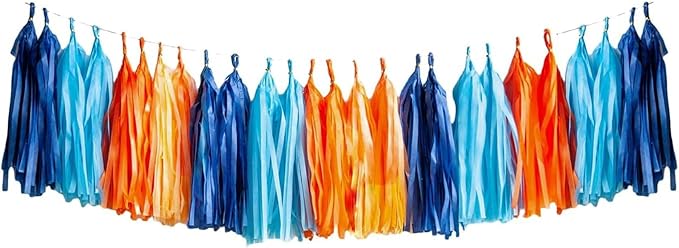 Aimto Dark Blue,Light Blue and Orange Tassel Garland Banner Paper Tassels for Party Decorations,Pack of 15