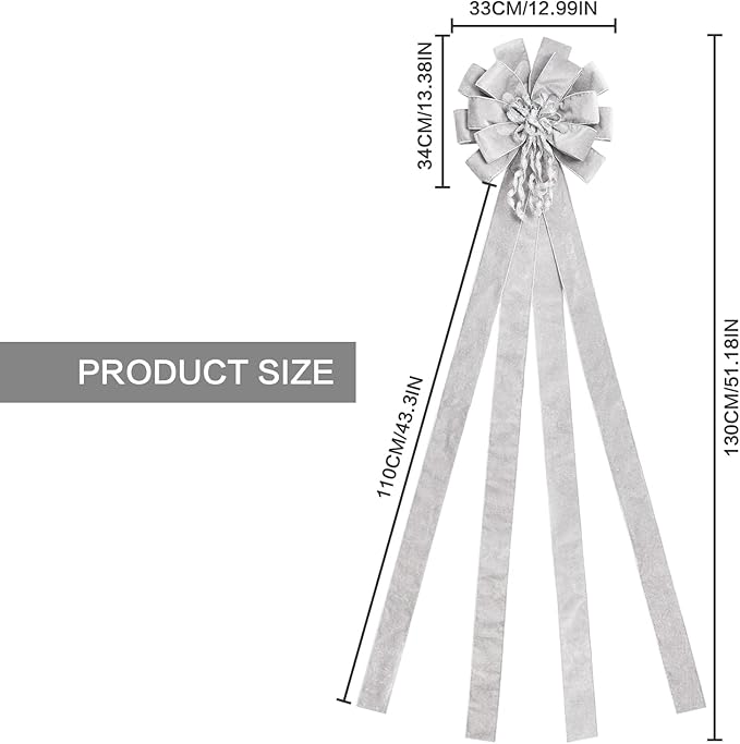 SY Super Bang Velvet Christmas Tree Topper, Silver/Gold 48x12 Inch Christmas Bow Tree Topper for Xmas Tree Decorations, for Xmas Ornaments Holiday Home Indoor/Outdoor Wedding Thanksgiving Decor.