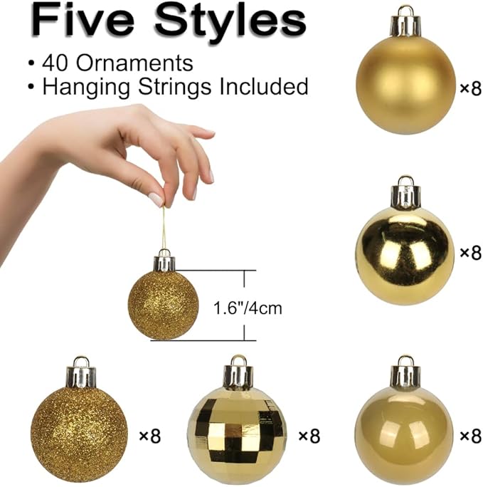 1.57" Gold Christmas Balls Ornaments 40 Pcs Shatterproof Christmas Ornaments Set Small Halloween Gold Ornament for Xmas Tree Holiday Party