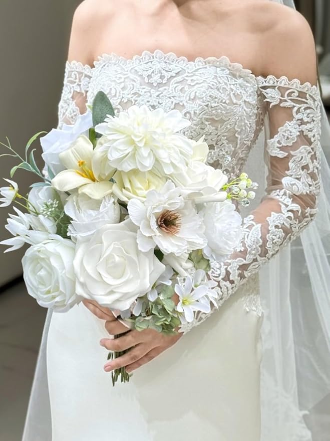 White Artificial Flowers Box Set Wedding Silk Fake Flowers for DIY Bouquets Table Centerpieces Garland Wreaths Baby Shower Party