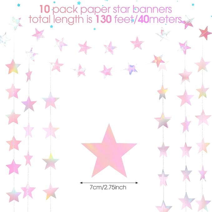Patelai Glitter Star Garland Banner 2026 New Years Decor 130 Feet Star Hanging Banner Twinkle Backdrop for Birthday Classroom Wedding Christmas Party Supplies(Iridescent Pink)