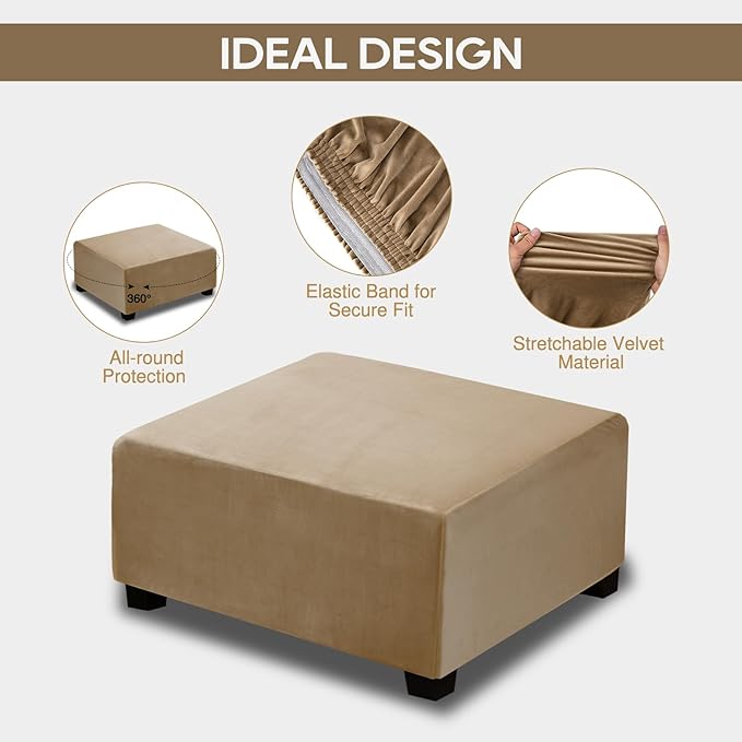 NeColorLife Ottoman Cover Velvet Storage Ottoman Slipcover Thick Stretchable Footrest Stool Covers with Elastic Band for Rectangle and Square Ottoman(Medium Size,Camel)