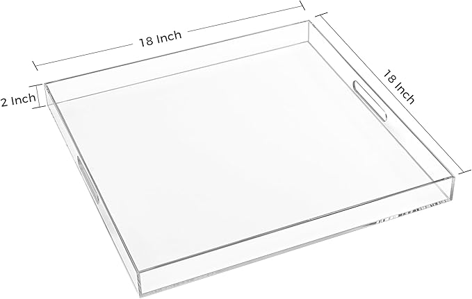 18×18 Inch Clear Acrylic Serving Tray with Handles Extra Large Ottoman Tray Decorative Tray Spill-Proof Coffee Table Space Saver Oversize Counter top Organizer Platter with Safe Edge