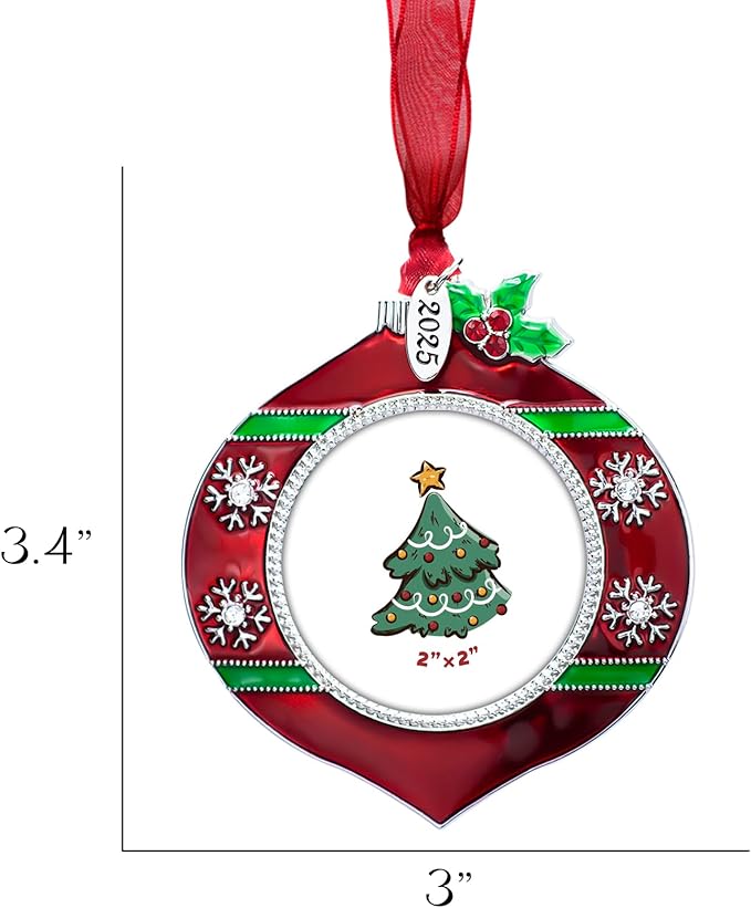 2025 Christmas Tree Ornament Picture Frame Metal Hanging Pendant Holiday 2" Photo Frame Charm Decorative of Pets, Baby First Christmas, Family (2025 Style 5)