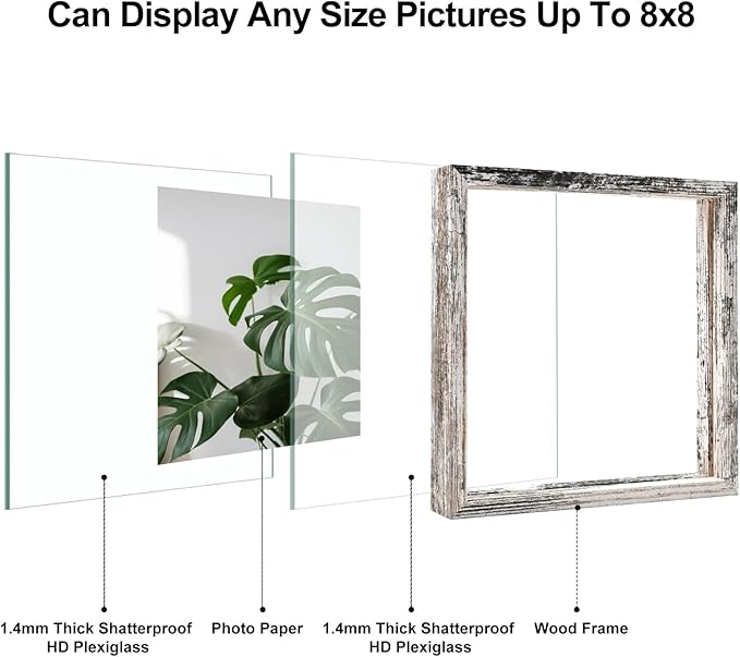 Egofine Distressed White 8x8 Floating Frames Set of 2, Double Plexiglass Picture Frame, Made of Solid Wood Display Any Size Photo up to 8x8, Wall Mount or Tabletop Standing