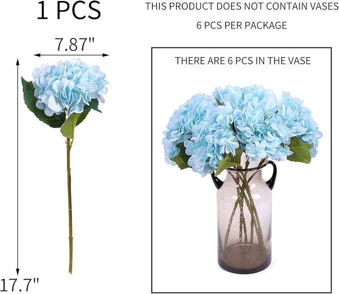 Kimura's Cabin 6pcs Blue Artificial Silk Flowers Fake Hydrangeas Flower with Stems Faux Hydrangea Bouquets for Home Wedding Party Table Core Decoration (Blue, Pack of 6)