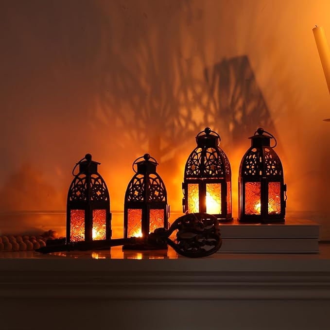 DECORKEY Decorative Moroccan Candle Lantern,9’’ Metal Hanging&Tabletop Lantern Candle Holder Decor, Halloween Christmas Ramadan Decorations for Home Indoor Outdoor Patio (Amber)