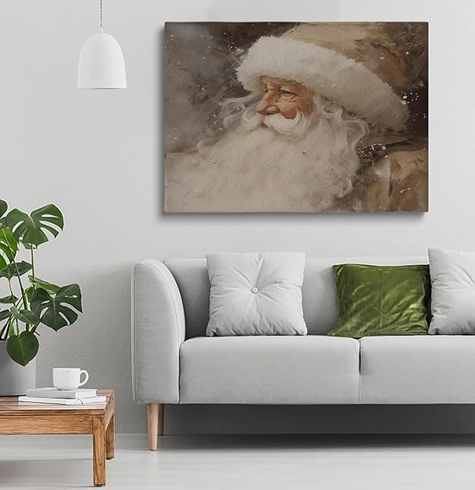 Neutral Rustic Santa, Vintage Christmas Print, Beige Holiday Decor, Winter Print, Christmas Living Room Fireplace Office Decor - 16x24inch Unframed
