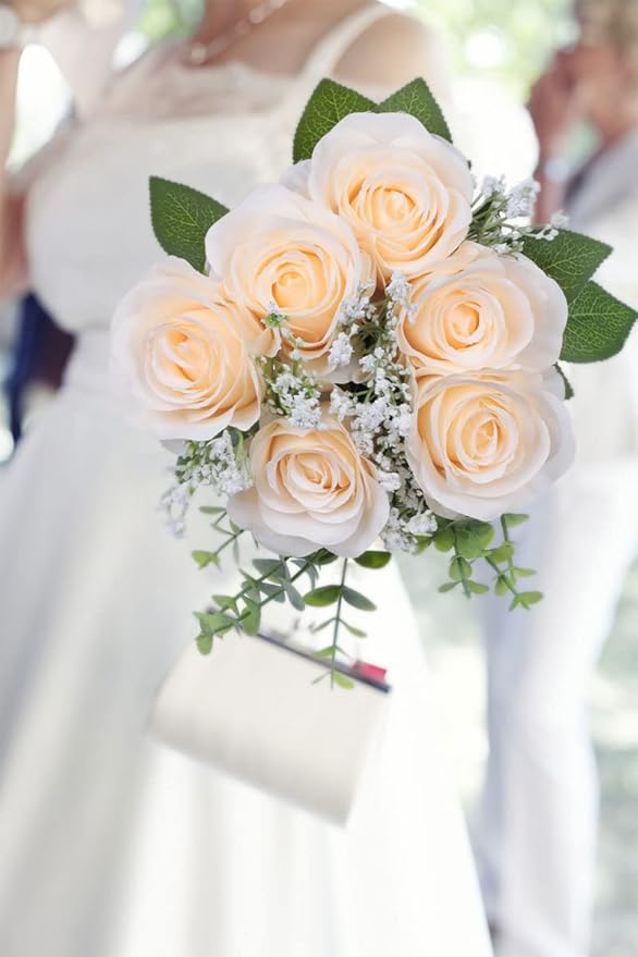 Artificial Rose Flower Artificial Flowers Flower with Long Stem Silk Roses Bouquet for Wedding Bridal Shower Party Home Decoration (Champagne, 50 Pcs)