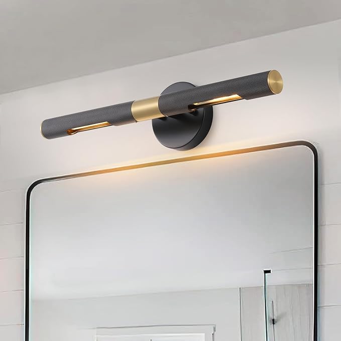 Modern Picture Light 19 inches Brushed Brass Gold Black Wall Sconce with Knurled Texture Cylinder Metal Shades Rotatable 360°Indoor Wall Lighting Fixture for Bathroom Vanity Lights Bedroom