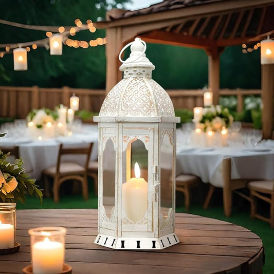 JHY DESIGN Decorative Candle Lantern 15''H Vintage Metal Candle Holder for Garden Living Room Indoor Outdoor Parties Weddings Patio(White with Gold Brush)
