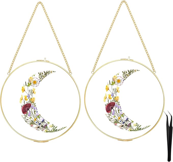 FOCHIER F 2pcs Pressed Flower Frames with Tweezers, Wall Hanging Tabletop Display Double Glass Round Frames with Metal Chain for Pressed Dried Flowers Plants Horizontal and Vertical Picture Frame
