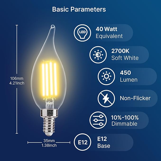 FLSNT LED Candelabra Bulbs, Dimmable CA11 E12 LED Chandelier Light Bulbs, 2700K Soft White, 4W (40W Equivalent), 450LM, 6 Pack UL,CA65 Listed.