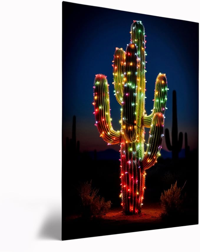 Christmas Cactus Canvas Wall Art Print, Southwestern Decor, Holiday Desert Art for Bedroom, Living Room, Apartment, Office - 24x36 Inch Framed