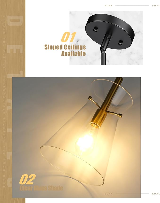 Emak Modern 9 Inch Black and Gold Pendant Lights Kitchen Island, 2 Pack Large Pendant Light with Clear Glass Shade, Farmhouse Island Lights for for Kitchen, Dining Room, Bathroom, PL130-BKBGD-CG-2PK
