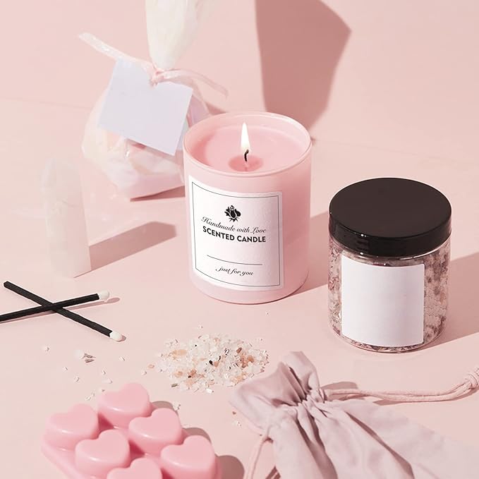SUPMIND 12 Pack 10oz Pink Glass Candle Jars for Making Candles with Bamboo Lids Sticky Labels Warning Labels for Making Candles Empty Containers - Dishwasher Safe