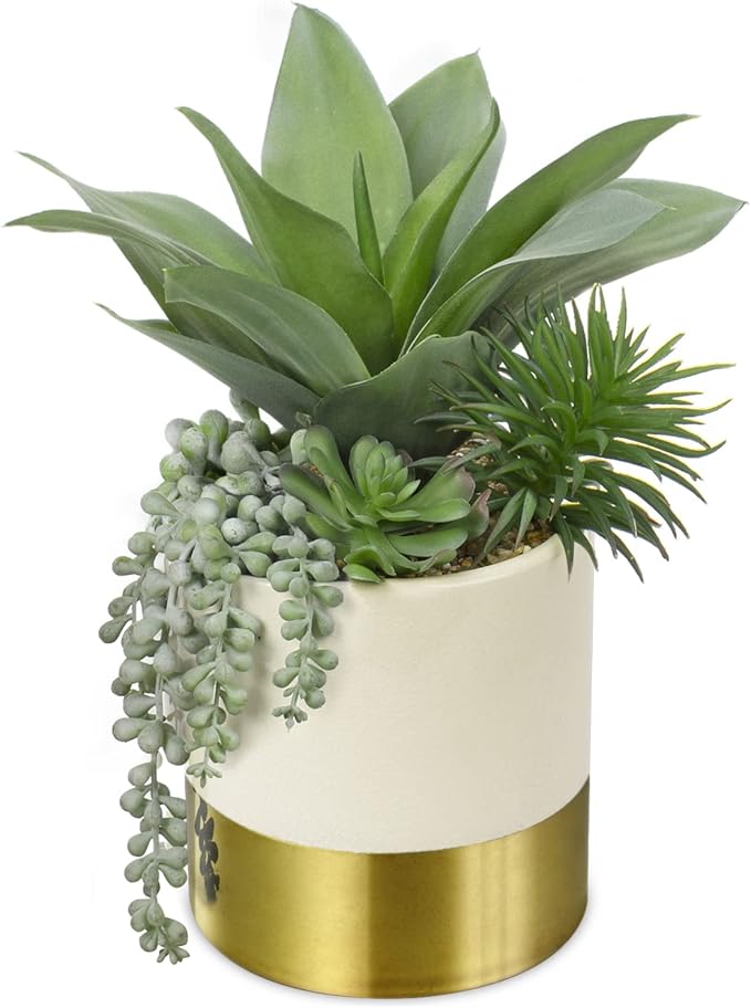 Hollyone Large Artificial Succulents Plants Faux Succulents 12" Fake Succulent Plants in Gold Ceramic Pot Succulent Plant for Desk Modern Home Living Room Office Table Shelf Decor