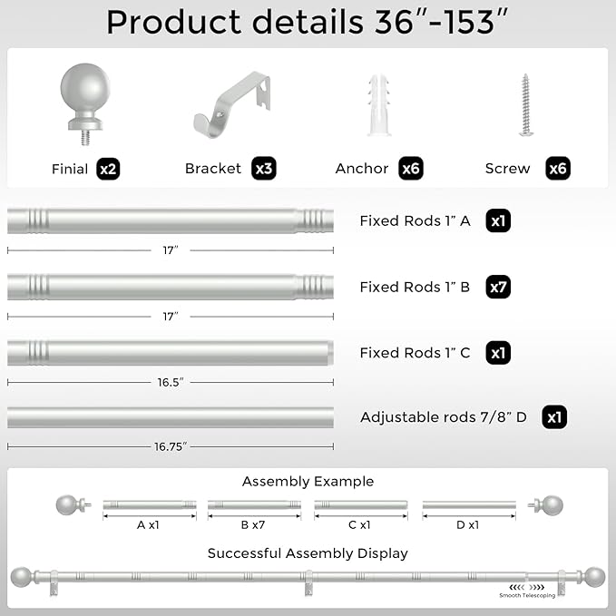 Extra Long Silver Curtain Rod, 1 Inch Adjustable Heavy Duty Curtain Rods for Windows 72 to 144 Inch, Decorative Modern Window Treatment Rods, Splicing Metal Drapery Pole, Easy Installation