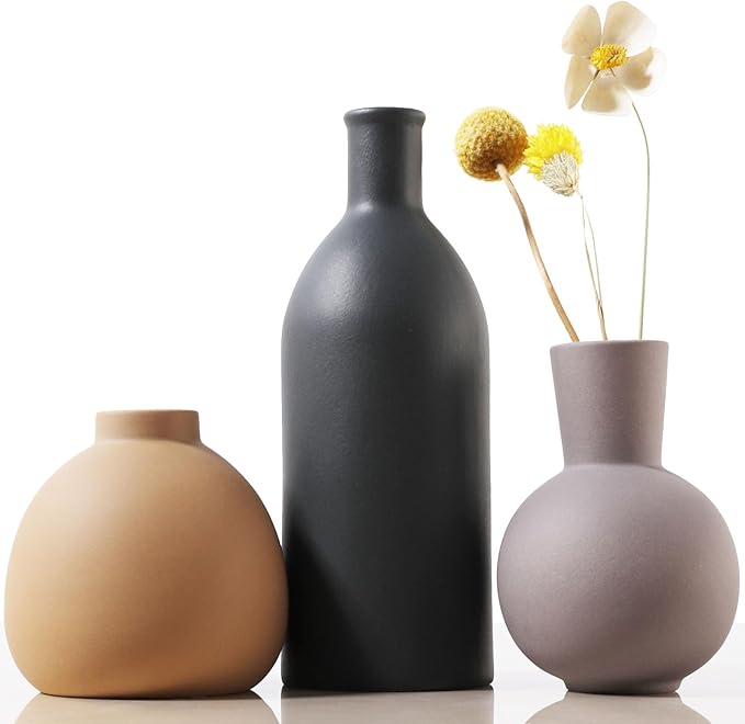 Ceramic Vase Set of 3 - Handcrafted Ceramic Vases for Home Decor & Shelf - Modern Farmhouse Decor for Kitchen, Office, Bedroom & Living Room Decorative Objects for Mantel, Table Centerpieces