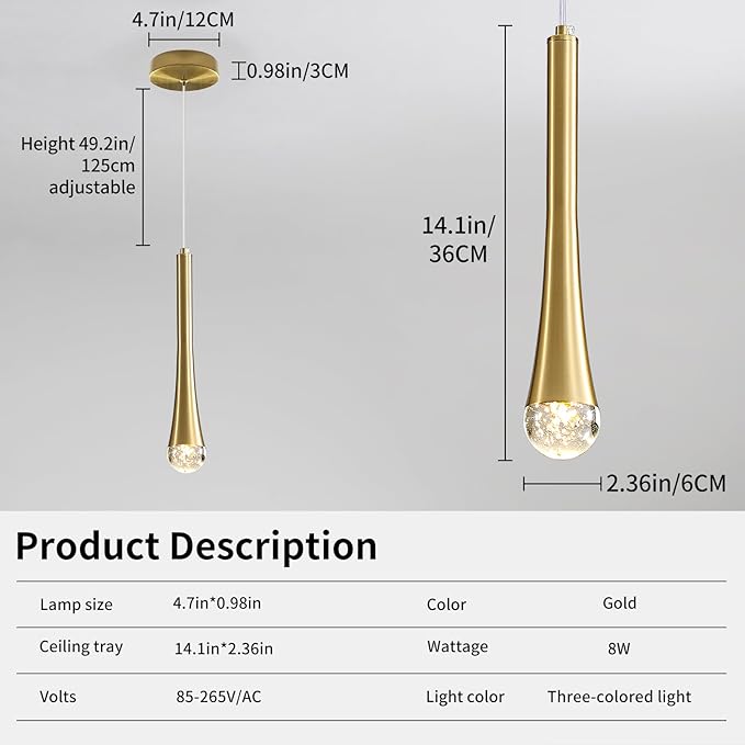 Modern Gold LED Pendant Light, Kitchen Island Ceiling Hanging Lights, Teardrop Bubble Crystal, 3 Color 2700K/4500K/6500K, Bedside Small Chandeliers Lamps for Bar, Dining Room, Bathroom, Hallway