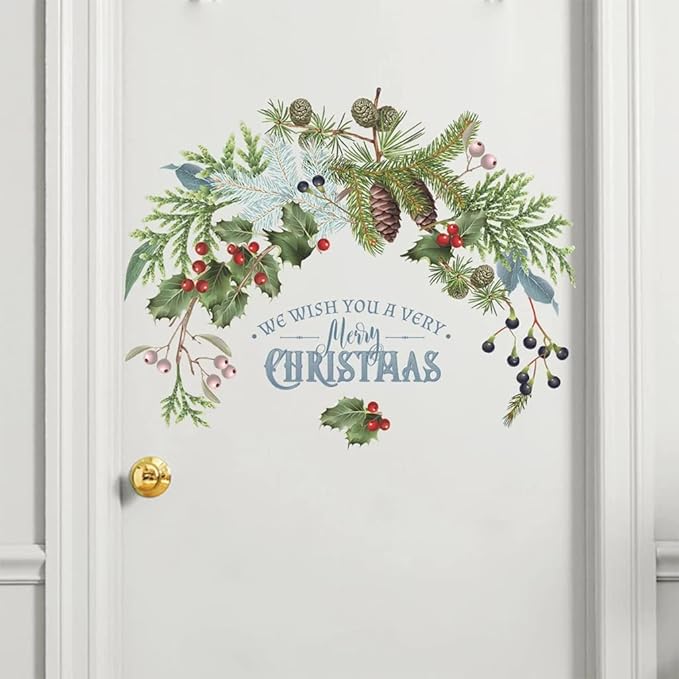 Christmas Wall Stickers Pine Cone Branches Green Plant Door Window Cling Decal Decals for Ornaments