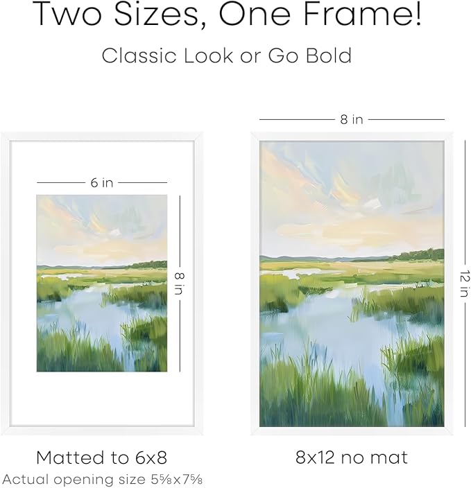 Homeforia 8x12 Picture Frame White, High End Metal 8 x 12 Poster Frames with Mat 6 by 8 for Photo, 12x8 Frame Matted to 6x8 inch Print, 8by12 Wall or Tabletop Frame, Tempered Glass, Wall Kit, Set of 1