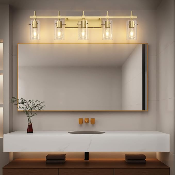SOLFART Gold Vanity Light Fixtures Bathroom Lighting Over Mirror Wall Lights 5 Lights Bathroom Light