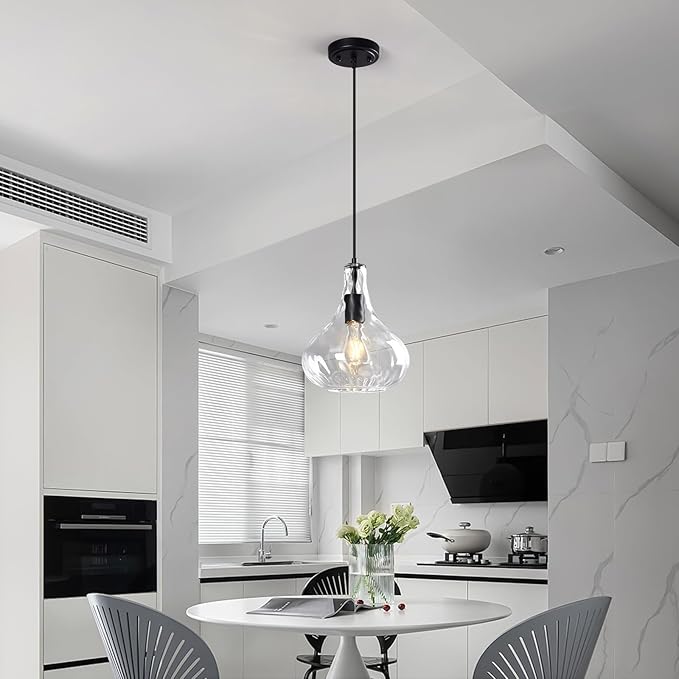 Modern Glass Pendant Light 9.44 in Clear Hammered Glass Shade Black Farmhouse Island Pendant Lights for Kitchen Pendant Lighting Over Sink Bedroom Dining Room