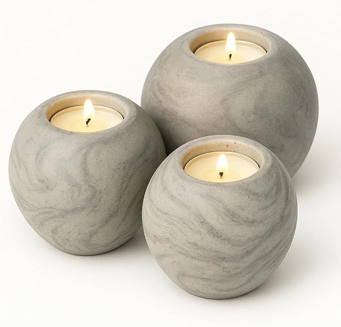 Concrete Sphere Tea Light Holder - Minimalist Centerpiece - Candle Holder - Modern Interior Design (Marble, Medium Sphere)
