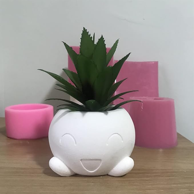 Succulent Potted Flower Pot Silicone Mold DIY Cement Gypsum Epoxy Resin Vase Candlestick Storage Box Mould Home Decor Craft (Smiley)
