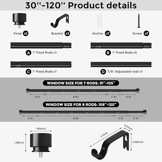 Curtain Rods for Windows 66 to 120 Inch(5.5-10 Feet), Black 1'' Diameter Heavy Duty Adjustable Window Drapery Rod, Modern and Simple Decorative End Cap Finish,Size 36''-120''