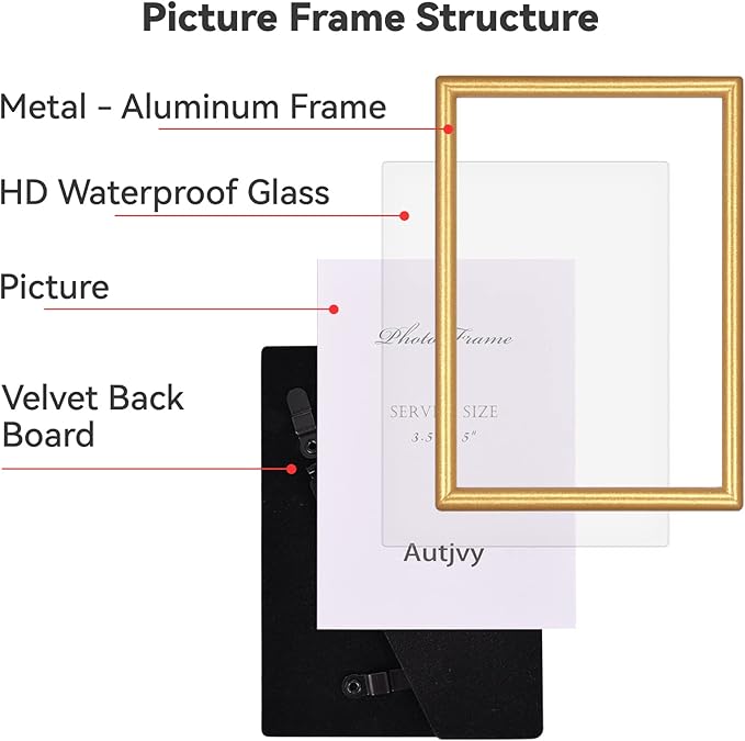 3.5x5 Picture Frame Matte Gold Modern Simple Thin Aluminum Metal Photo Frame with HD Real Glass, Display for Tabletop and Wall Collage. (2 Pack)