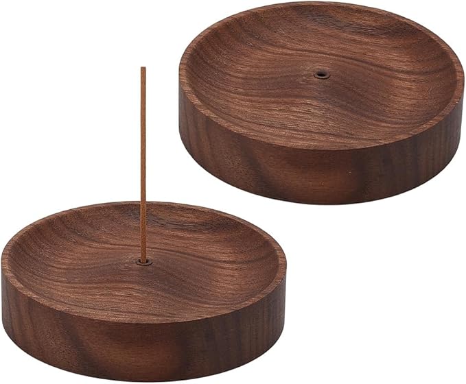 WEBEEDY 2 PCS Walnut Incense Holder for Sticks Round Wooden Incense Burner Tray Black Walnut Ash Catcher Wood Incenses Bowl for Home Yoga Meditation Office Christmas Decoration, 3.58 inch