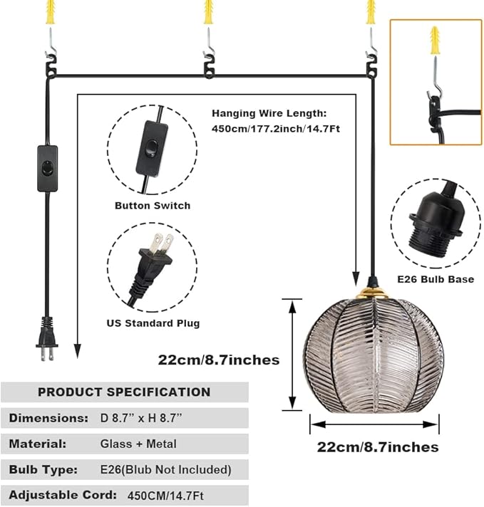 Plug in Glass Pendant Light Mid-Century Modern Striped Grey Glass Hanging Ceiling Lighting Fixture with 14.7FT Cord, Globe Decor Chandelier For Living Room, Bedroom, Dining Hall, Kitchen (Smoke Grey)