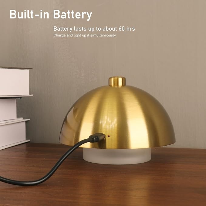Modern Table Lamp Cordless Portable Desk Lamp, 2700K Stepless Dimming Rechargeable Battery Operated LED Lights for Bedroom, USB-C Charging, Restaurant/Bar/Night Light/Gifts (Antique Brass)