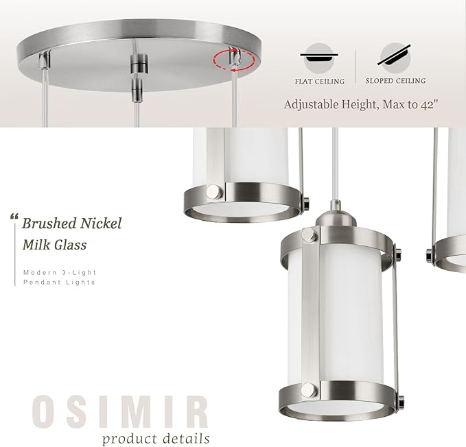 3-Light Pendant Lighting, Brushed Nickel Dining Room Chandelier Light Fixture Over Table with Milk Glass, Modern Cluster Hanging Lights for Kitchen Island Sink, OS-3014-3BNW